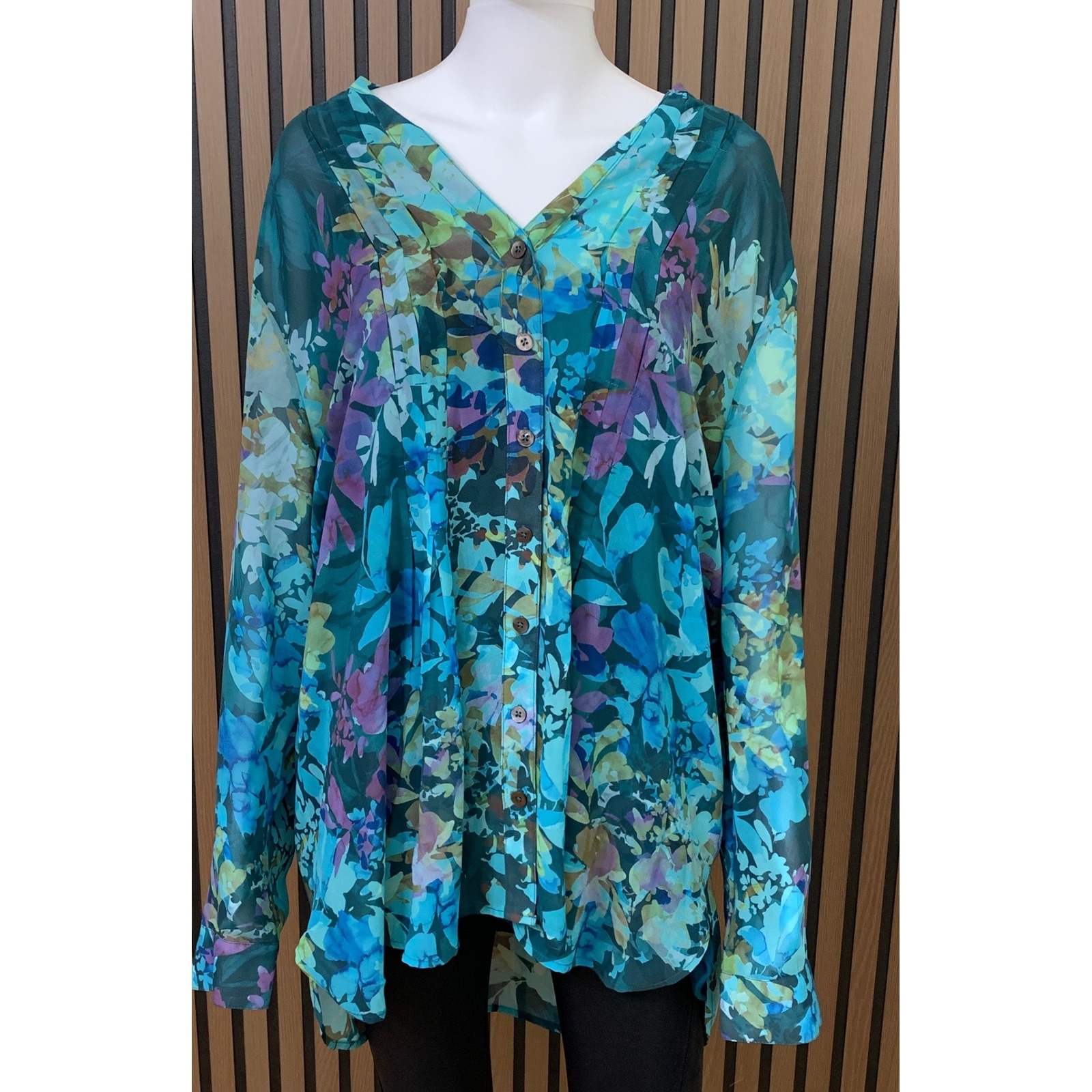 Soft Surroundings Women's Floral Tunic Blouse Teal V-Neck Button Front 2x